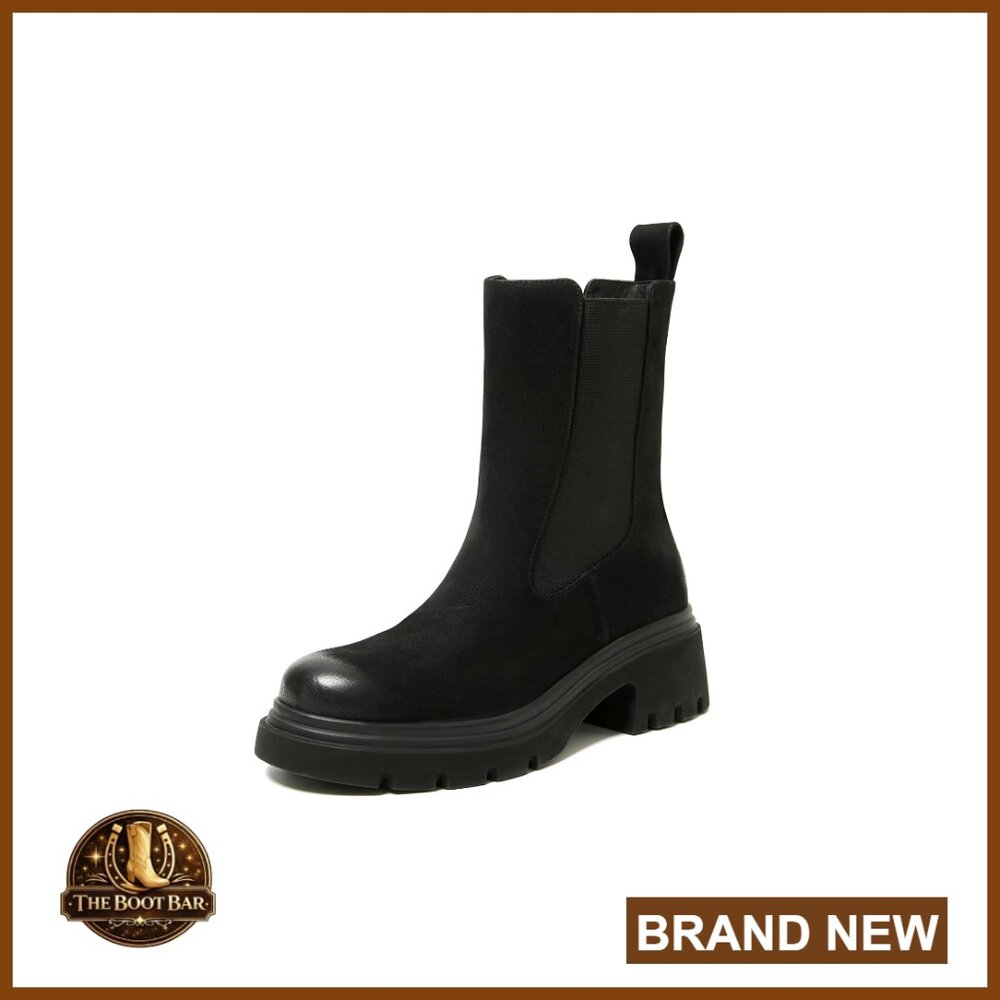 Leather Chunky Chelsea Ankle Boot Platform Lug Sole Booties
